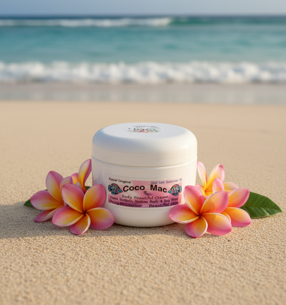 Coco Mac 8oz in tropical beach setting
